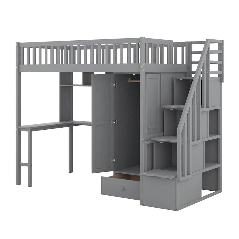 Lit mezzanine une place avec bibliothèque, tiroirs, bureau et armoire
