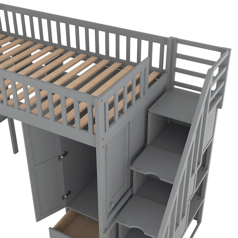Lit mezzanine une place avec bibliothèque, tiroirs, bureau et armoire