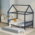 Pine Full House Bed with Canopy, Trundle, and Roof