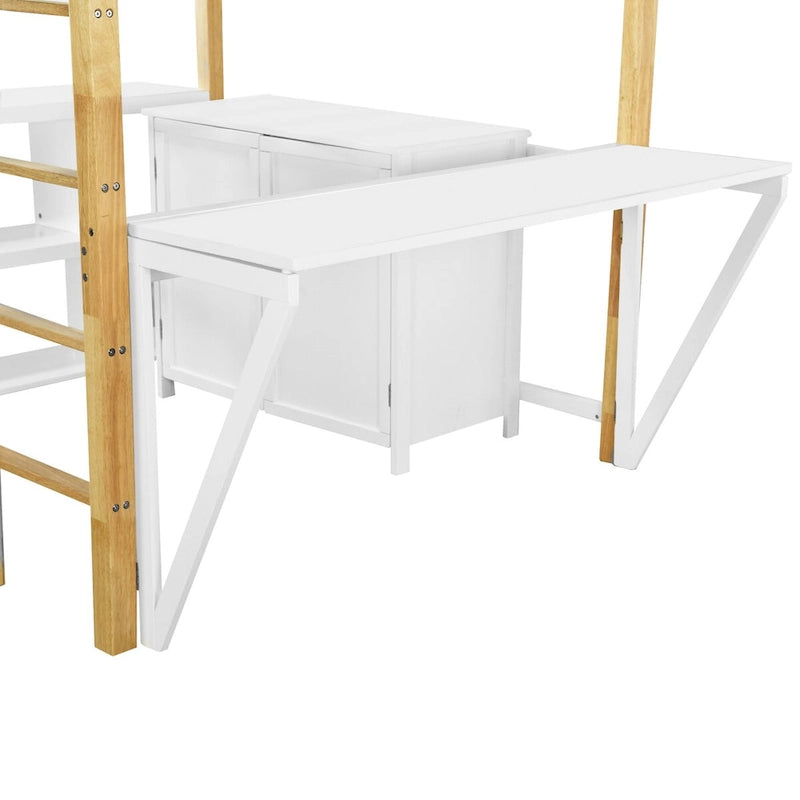 Lit mezzanine pleine taille avec bureau pliable, cadre de lit mezzanine en bois avec armoire de rangement intégrée et casiers