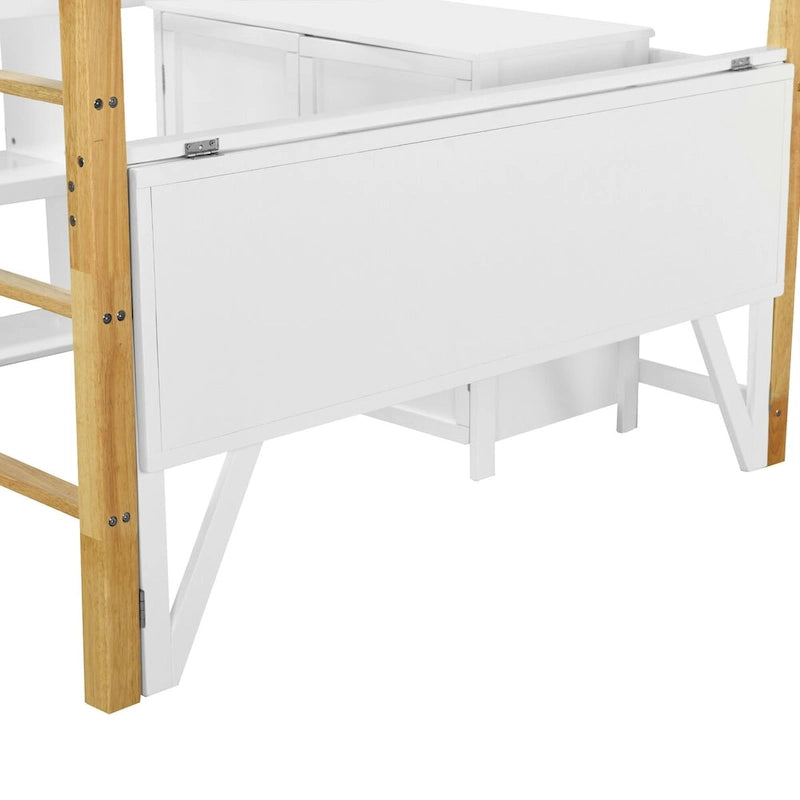 Lit mezzanine pleine taille avec bureau pliable, cadre de lit mezzanine en bois avec armoire de rangement intégrée et casiers