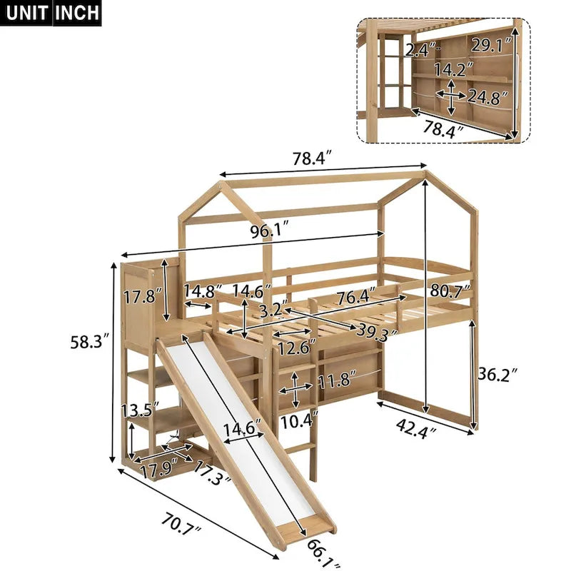 Lit mezzanine cabane en bois de taille double avec toboggan