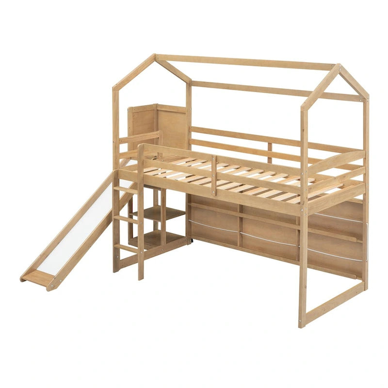 Lit mezzanine cabane en bois de taille double avec toboggan