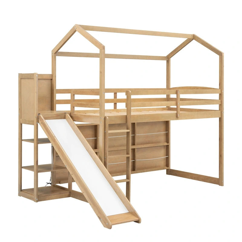 Lit mezzanine cabane en bois de taille double avec toboggan