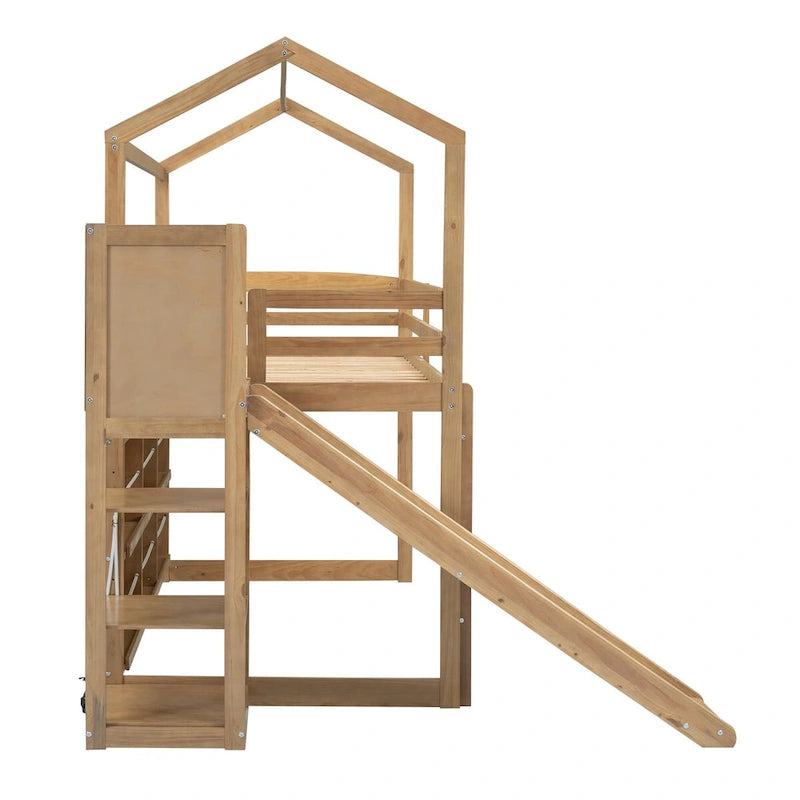 Lit mezzanine cabane en bois de taille double avec toboggan