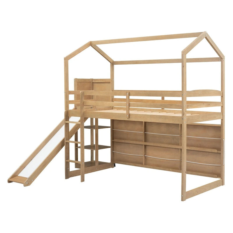 Lit mezzanine cabane en bois de taille double avec toboggan