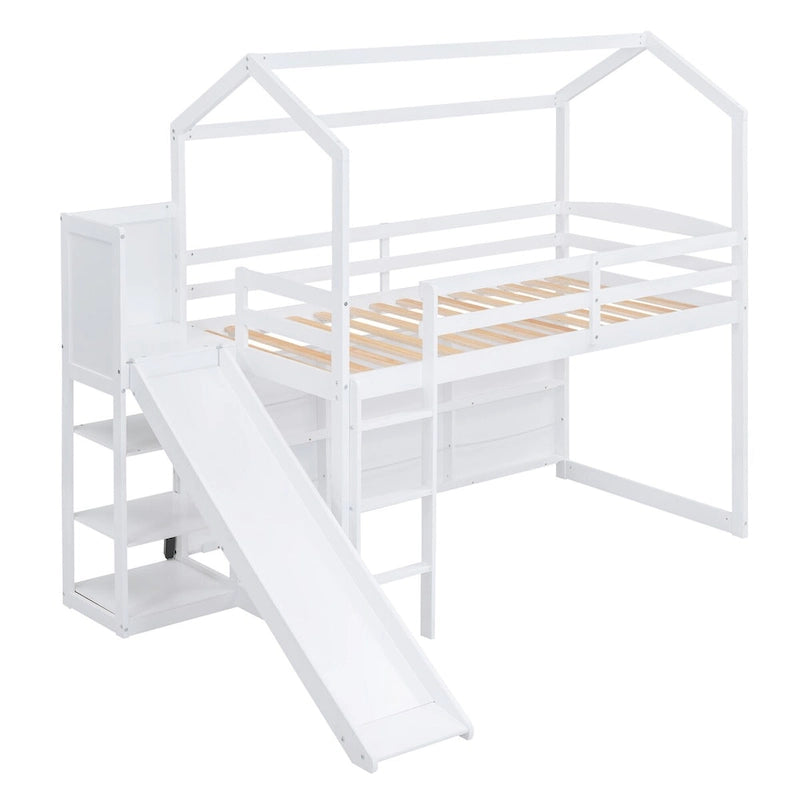 Lit mezzanine cabane en bois de taille double avec toboggan