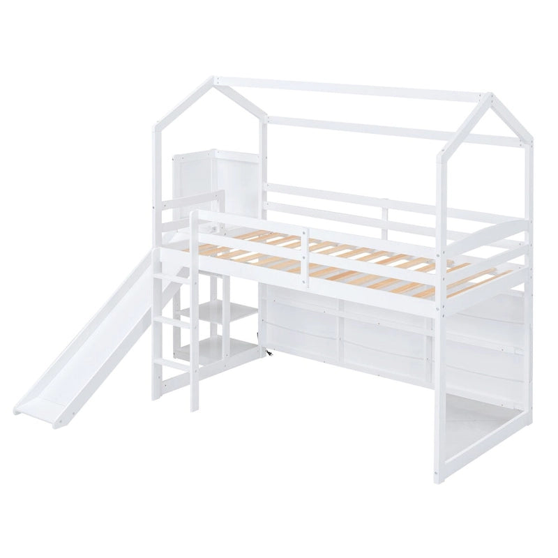 Lit mezzanine cabane en bois de taille double avec toboggan