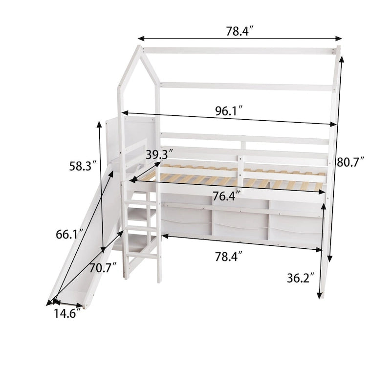 Lit mezzanine cabane en bois de taille double avec toboggan