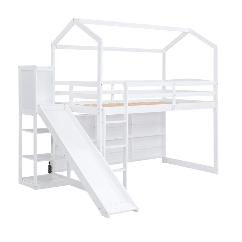 Lit mezzanine cabane en bois de taille double avec toboggan