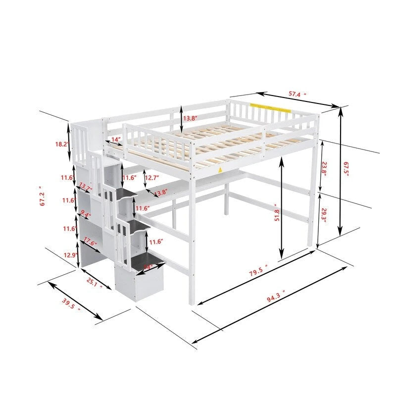 Lit mezzanine en bois avec bureau intégré, étagères et escalier de rangement, taille double
