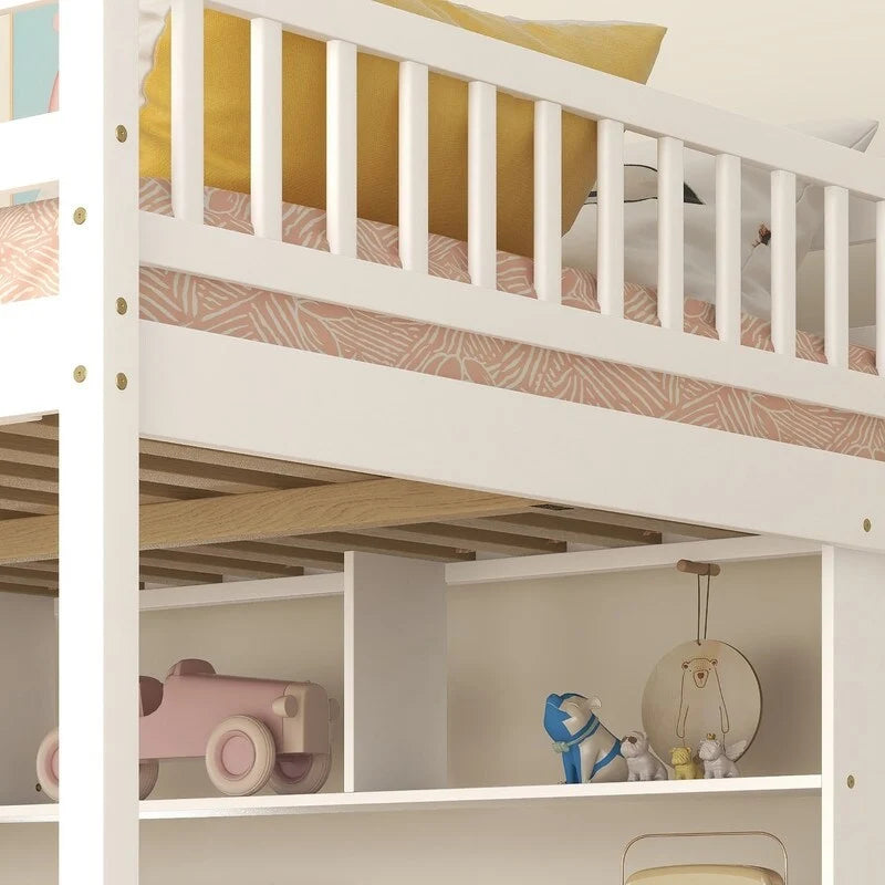 Lit mezzanine en bois avec bureau intégré, étagères et escalier de rangement, taille double