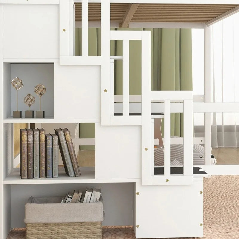Lit mezzanine en bois avec bureau intégré, étagères et escalier de rangement, taille double