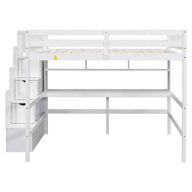 Lit mezzanine en bois avec bureau intégré, étagères et escalier de rangement, taille double