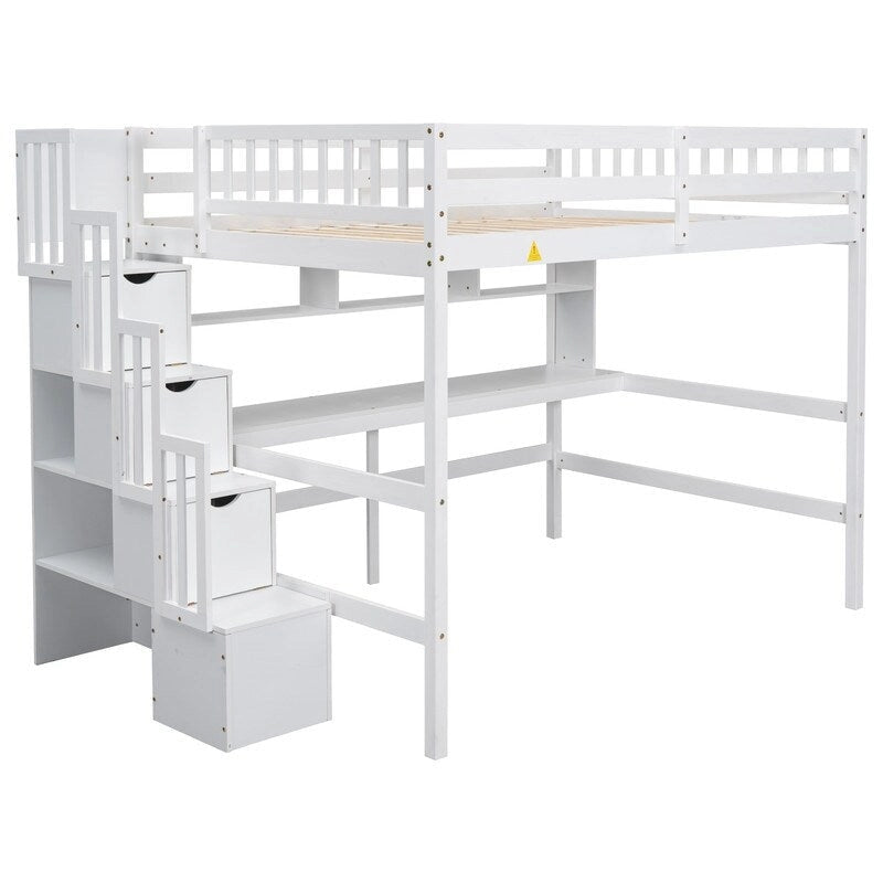 Lit mezzanine en bois avec bureau intégré, étagères et escalier de rangement, taille double