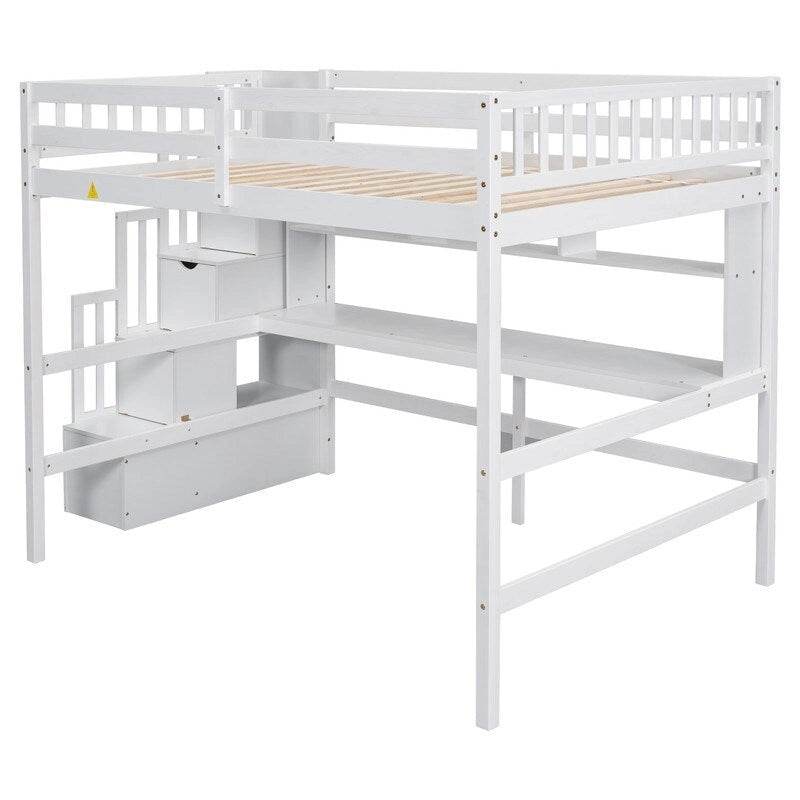Lit mezzanine en bois avec bureau intégré, étagères et escalier de rangement, taille double