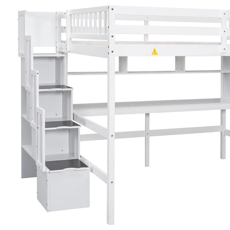 Lit mezzanine en bois avec bureau intégré, étagères et escalier de rangement, taille double