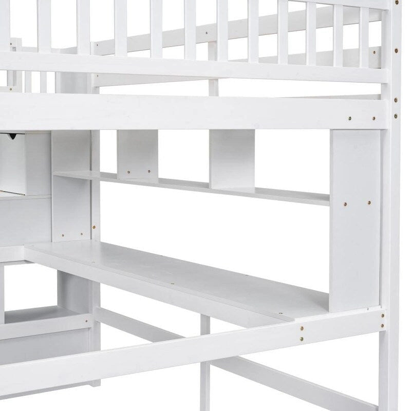 Lit mezzanine en bois avec bureau intégré, étagères et escalier de rangement, taille double