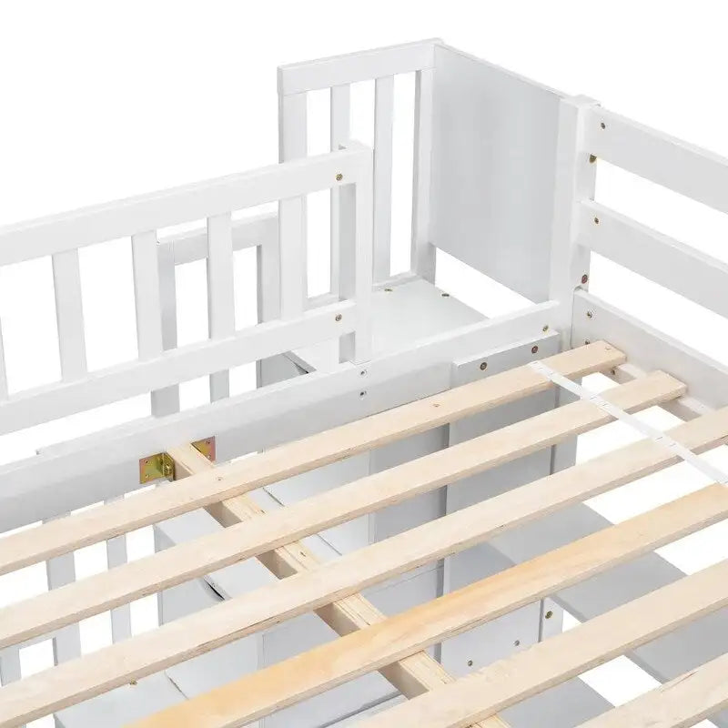 Lit mezzanine en bois avec bureau intégré, étagères et escalier de rangement, taille double