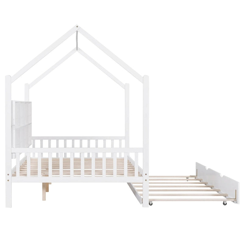 Lit cabane enfant pleine grandeur blanc en pin avec lit gigogne, étagère et toit