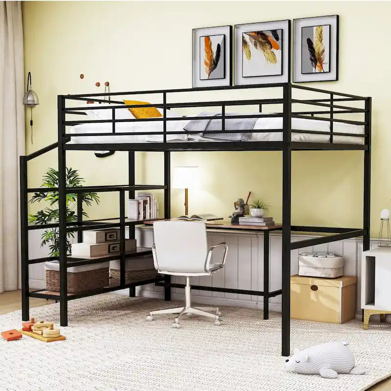 Lit mezzanine noir en métal avec bureau et échelle de rangement