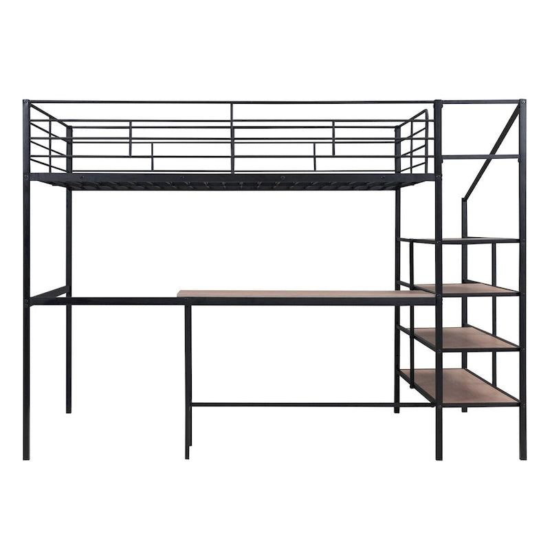 Lit mezzanine noir en métal avec bureau et échelle de rangement