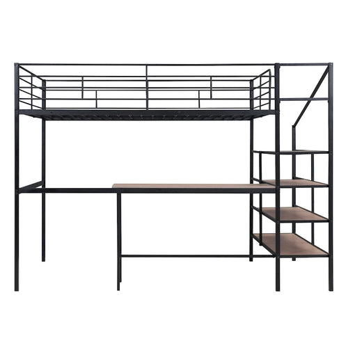 Lit mezzanine noir en métal avec bureau et échelle de rangement