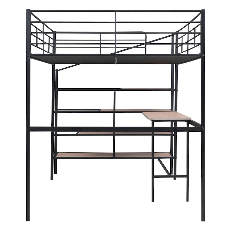 Lit mezzanine noir en métal avec bureau et échelle de rangement