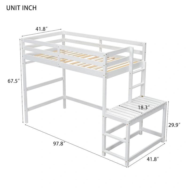 Lit mezzanine double avec plateforme d'atterrissage à échelle, échelles, garde-corps