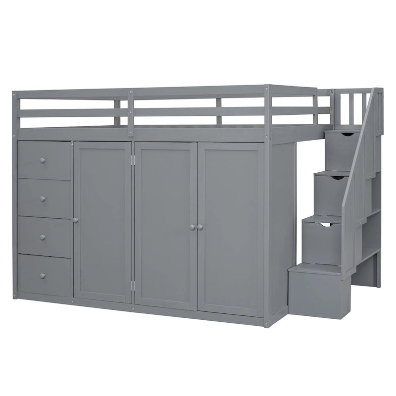 Lit mezzanine en bois pleine taille avec armoires intégrées