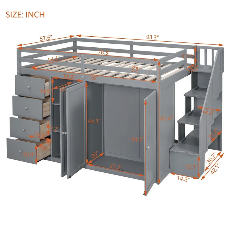 Lit mezzanine en bois pleine taille avec armoires intégrées