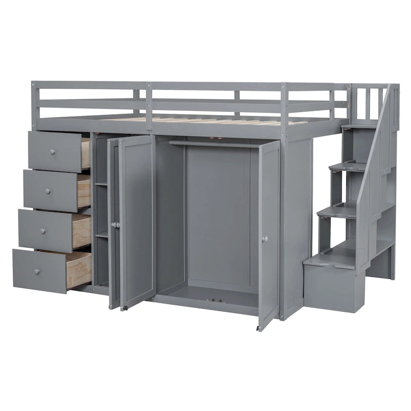 Lit mezzanine en bois pleine taille avec armoires intégrées