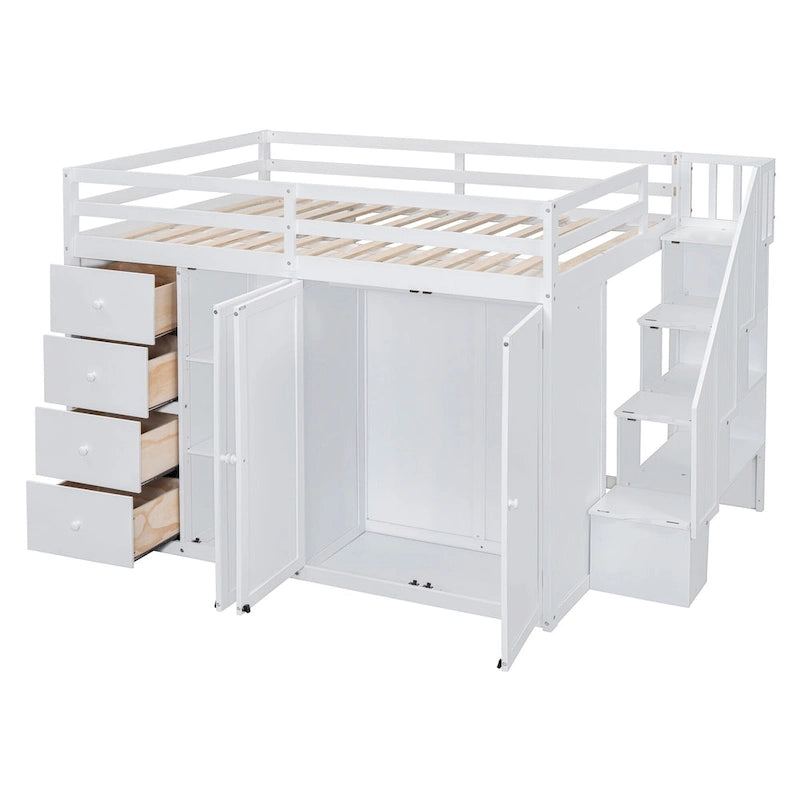 Lit mezzanine en bois pleine taille avec armoires intégrées