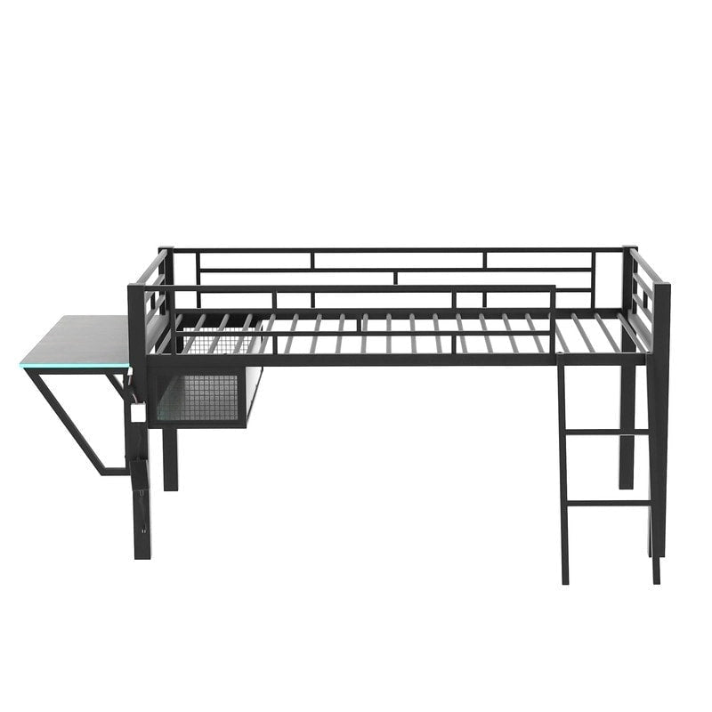 Lit mezzanine moyen de jeu double/complet avec bureau de jeu et lumières LED, cadre de lit mezzanine bas en métal avec échelle pour enfants et adolescents