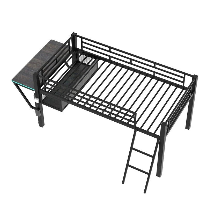 Lit mezzanine moyen de jeu double/complet avec bureau de jeu et lumières LED, cadre de lit mezzanine bas en métal avec échelle pour enfants et adolescents