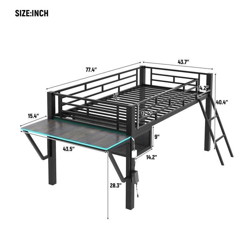 Lit mezzanine moyen de jeu double/complet avec bureau de jeu et lumières LED, cadre de lit mezzanine bas en métal avec échelle pour enfants et adolescents