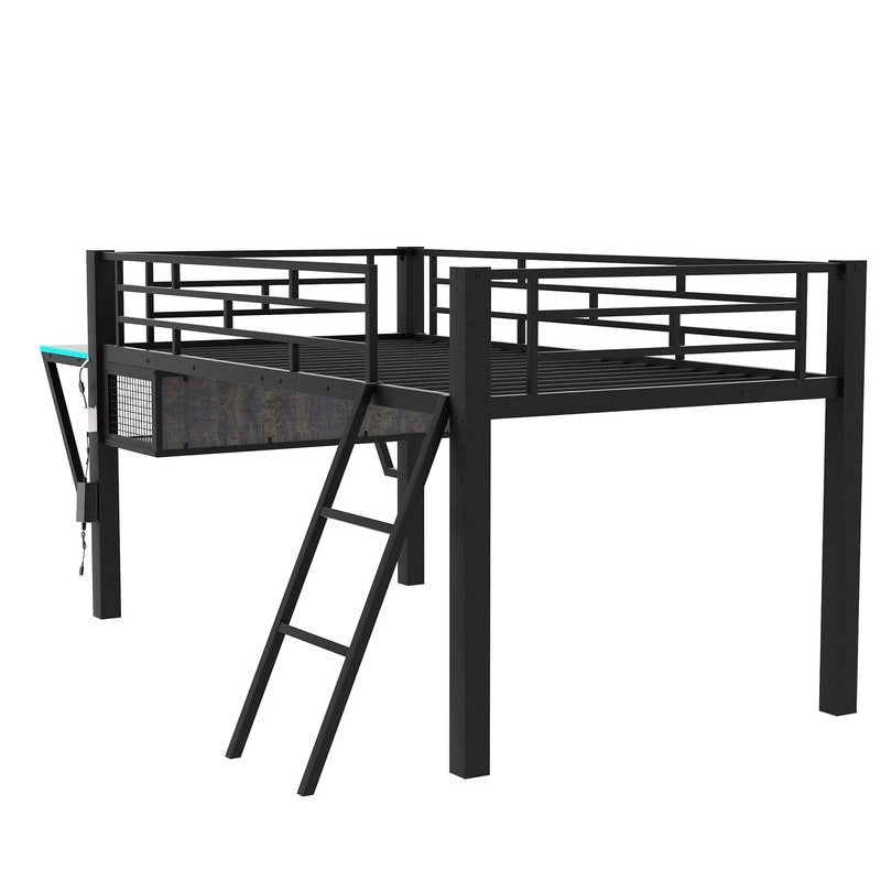Lit mezzanine moyen de jeu double/complet avec bureau de jeu et lumières LED, cadre de lit mezzanine bas en métal avec échelle pour enfants et adolescents