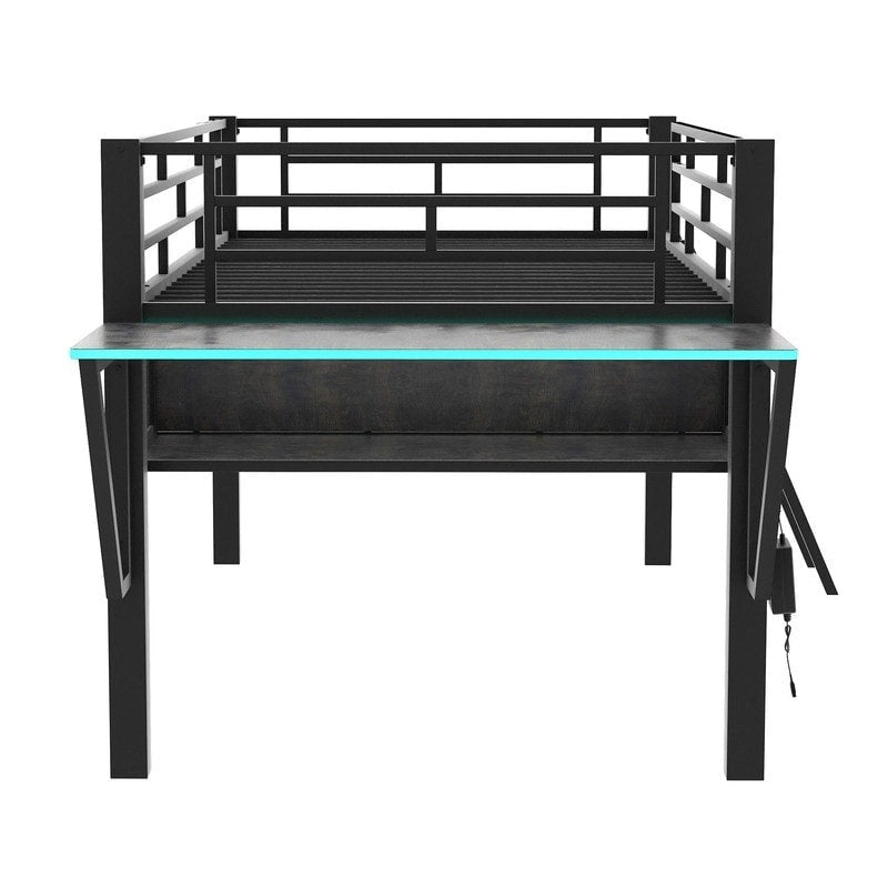 Lit mezzanine moyen de jeu double/complet avec bureau de jeu et lumières LED, cadre de lit mezzanine bas en métal avec échelle pour enfants et adolescents