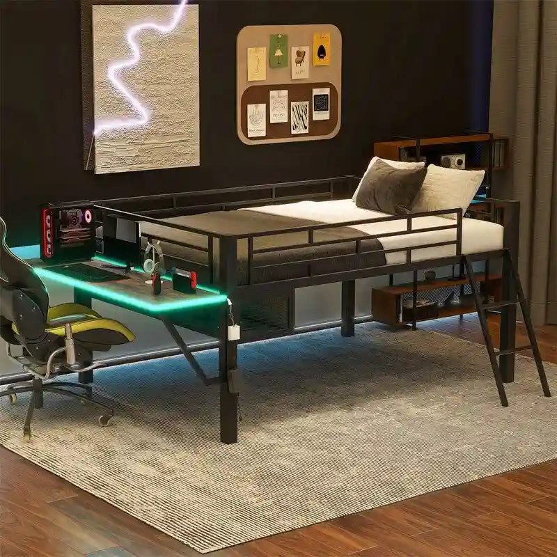 Lit mezzanine moyen de jeu double/complet avec bureau de jeu et lumières LED, cadre de lit mezzanine bas en métal avec échelle pour enfants et adolescents