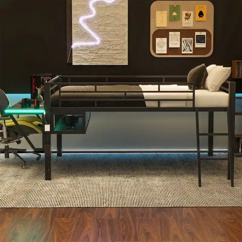 Lit mezzanine moyen de jeu double/complet avec bureau de jeu et lumières LED, cadre de lit mezzanine bas en métal avec échelle pour enfants et adolescents