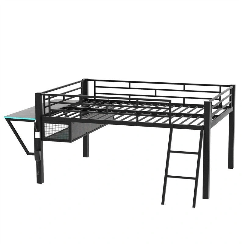 Lit mezzanine moyen de jeu double/complet avec bureau de jeu et lumières LED, cadre de lit mezzanine bas en métal avec échelle pour enfants et adolescents