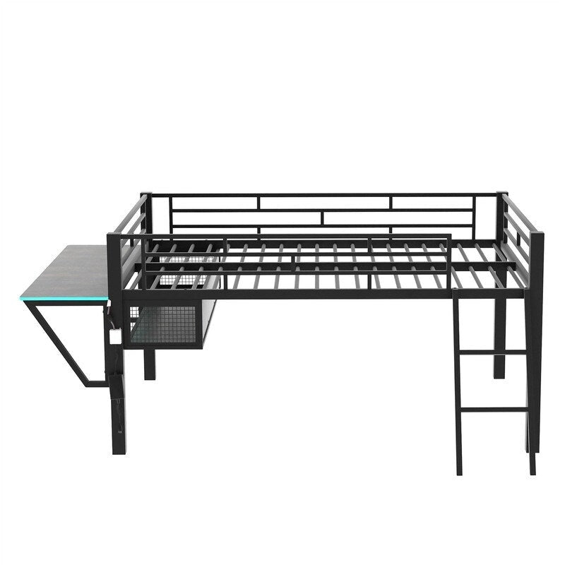 Lit mezzanine moyen de jeu double/complet avec bureau de jeu et lumières LED, cadre de lit mezzanine bas en métal avec échelle pour enfants et adolescents