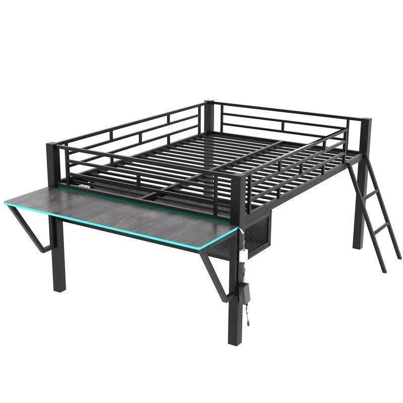 Lit mezzanine moyen de jeu double/complet avec bureau de jeu et lumières LED, cadre de lit mezzanine bas en métal avec échelle pour enfants et adolescents
