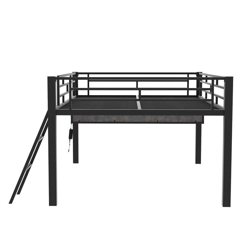 Lit mezzanine moyen de jeu double/complet avec bureau de jeu et lumières LED, cadre de lit mezzanine bas en métal avec échelle pour enfants et adolescents