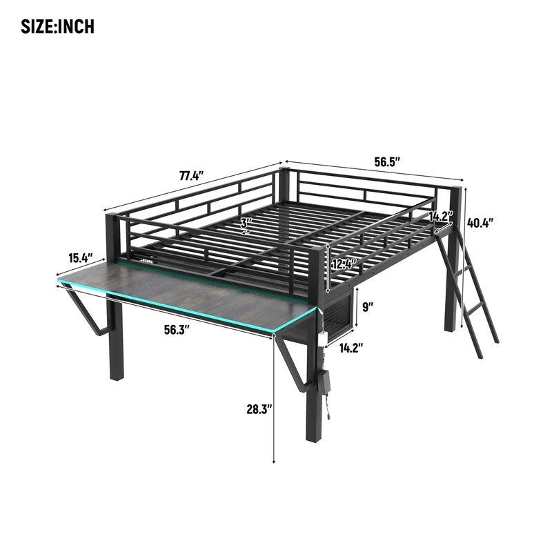 Lit mezzanine moyen de jeu double/complet avec bureau de jeu et lumières LED, cadre de lit mezzanine bas en métal avec échelle pour enfants et adolescents