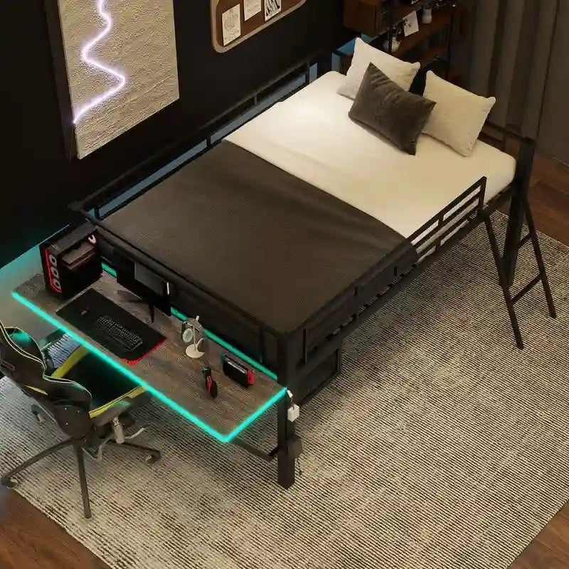 Lit mezzanine moyen de jeu double/complet avec bureau de jeu et lumières LED, cadre de lit mezzanine bas en métal avec échelle pour enfants et adolescents