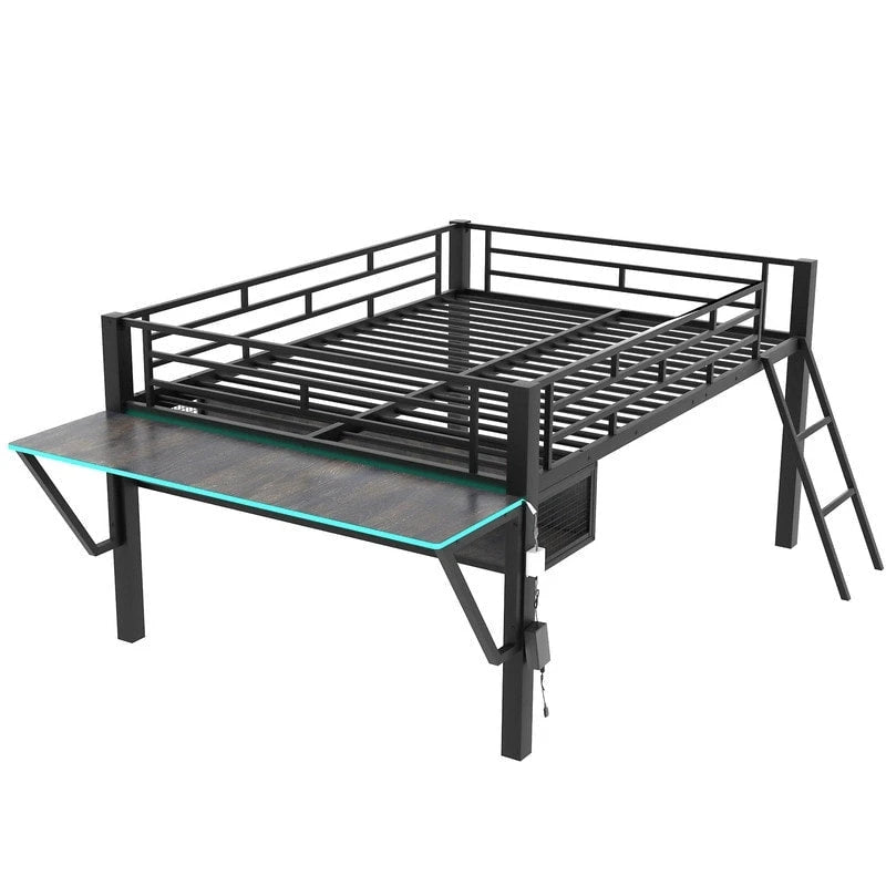 Lit mezzanine moyen de jeu double/complet avec bureau de jeu et lumières LED, cadre de lit mezzanine bas en métal avec échelle pour enfants et adolescents