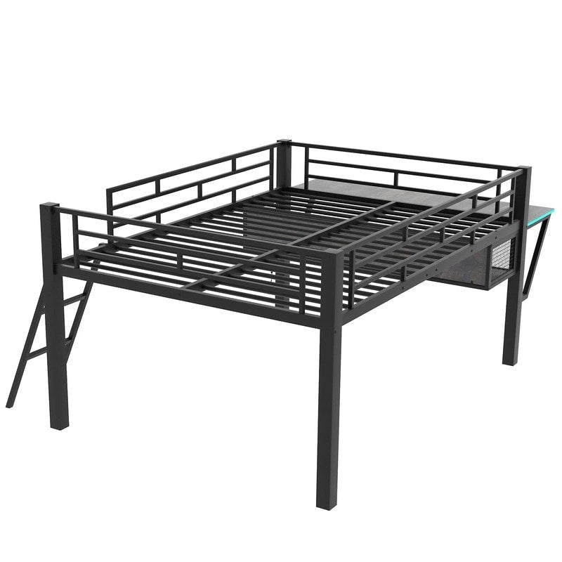 Lit mezzanine moyen de jeu double/complet avec bureau de jeu et lumières LED, cadre de lit mezzanine bas en métal avec échelle pour enfants et adolescents
