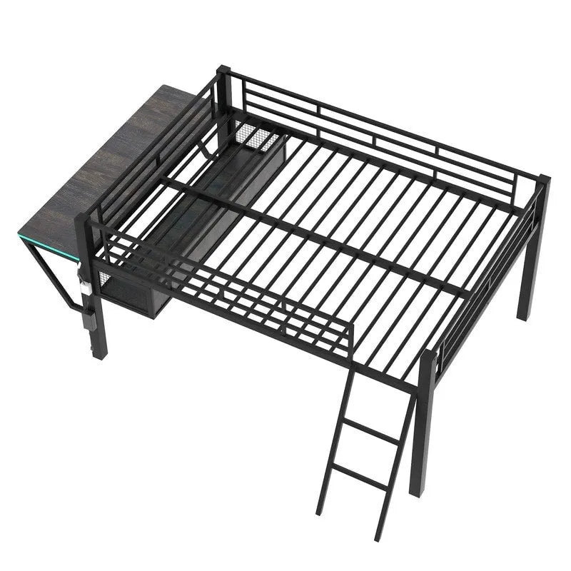 Lit mezzanine moyen de jeu double/complet avec bureau de jeu et lumières LED, cadre de lit mezzanine bas en métal avec échelle pour enfants et adolescents