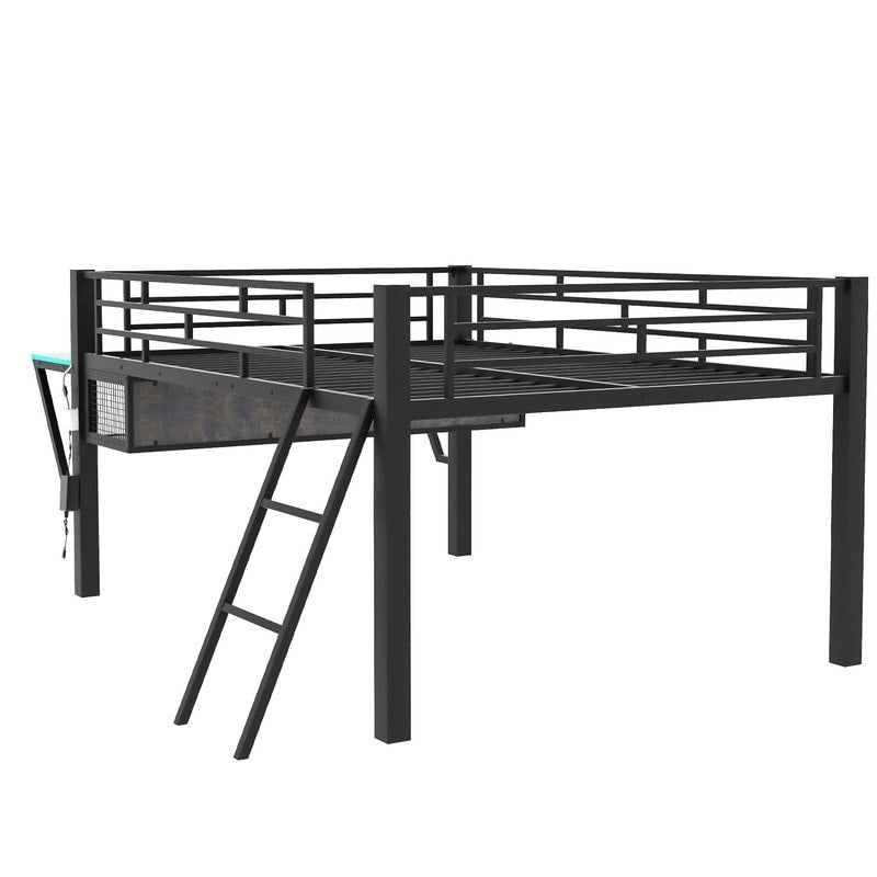 Lit mezzanine moyen de jeu double/complet avec bureau de jeu et lumières LED, cadre de lit mezzanine bas en métal avec échelle pour enfants et adolescents